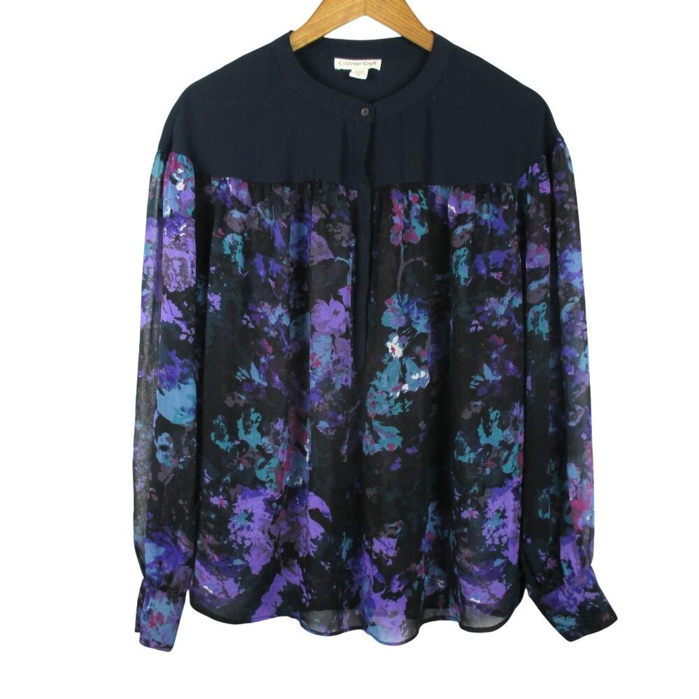 Coldwater Creek Womens Blouse Size L Blue Floral Peasant Cottagecore Relaxed